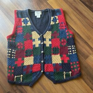Vintage Knit Color Block Granny Square Teacher‎ Button Vest Size XS